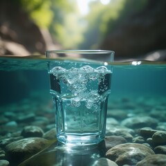 Poster - Glass of water with a scenic mountain view