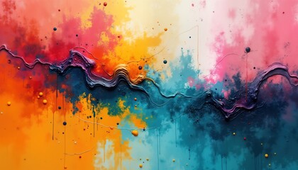 Aufkleber - Abstract art canvas with vibrant colors. Grunge texture, paint strokes create dynamic visual effect. Contemporary abstract painting style with flowing paint lines, splashes of color. Artist used