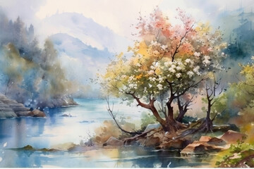 blossoming apple tree on the bank of the river in the early foggy morning., watercolor style 