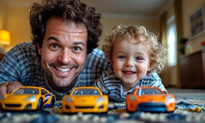 Wall Mural - Happy Father and Son Playing with Toy Cars