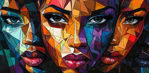 Canvas Print - Colorful geometric portrait of diverse women expressing different emotions, showcasing beauty and individuality in vibrant artwork.