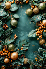 Wall Mural - Elegant Christmas background featuring gold ornaments and greenery for festive promotions. Copy space