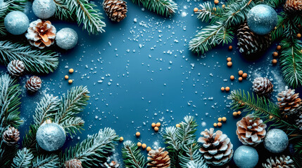 Wall Mural - Festive New Year and Christmas background with pine branches and decorative elements. Copy space