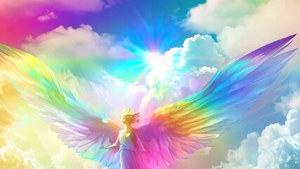 Wall Mural - beautiful rainbow colored angel spirit guide, ai generated of an angel in the clouds 4k video