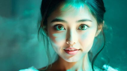 Wall Mural - Asian woman portrait with young skin perfection and beauty, attractive model with a soft face, delicate expression, flawless closeup showing elegance and charm 4K Video