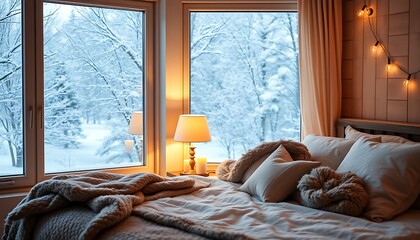 Wall Mural - A serene and cozy bedroom scene set against the backdrop of a snowy winter wonderland, with soft warm light emanating from a table lamp or string of fairy lights.