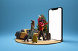 © master1305 - Family with suitcases and child on father shoulders walking towards large 3D model of smartphone with blank screen with Christmas tree in background. Concept of family, winter holiday, travelling