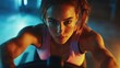 © HISTOCK - Determined sportswoman cycling in neon-lit gym: high-intensity workout for fitness