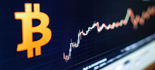 Wall Mural - a bitcoin logo with a trading chart on a dark blue background web banner with copy space on generati