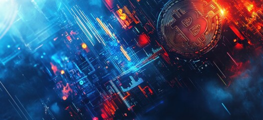 Wall Mural - modern banner design with a bitcoin logo and trading chart, a futuristic background, colorful lights