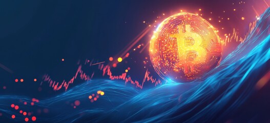 Wall Mural - the bitcoin logo with stock market charts in the background, on a dark blue gradient background a gl
