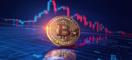 Wall Mural - bitcoin with a stock chart background, stock market theme, the bitcoin logo in the middle, glowing l