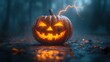 © video rost - A glowing jack-o'-lantern pumpkin with a wicked smile is set on a misty forest floor, illuminated by lightning for a chilling Halloween scene. AI generated.