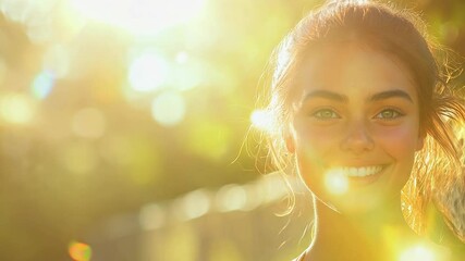 Wall Mural - Young woman in athletic wear smiling outdoors by a fence 4K Video