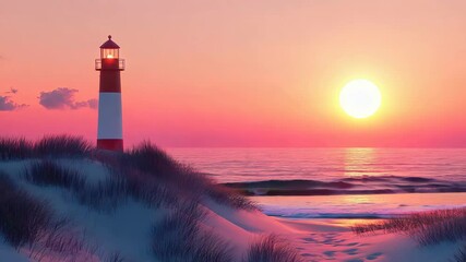 Wall Mural - Lighthouse is on a beach with a beautiful sunset in the background. hyperrealistic Video