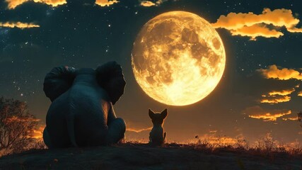Wall Mural - small dog and a large elephant are sitting on a hillside at night. hyperrealistic video