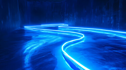 Wall Mural - long exposure photograph of blue neon light trails on a curved path against a dark background, evoki
