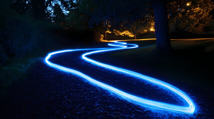 Wall Mural - long exposure photograph of blue neon light trails on a curved path against a dark background, evoki