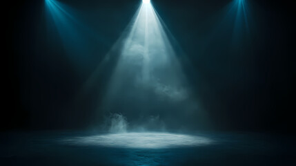 Poster - A dark, empty stage with a single spotlight casting a bright glow. smoke drifts across the floor, creating an atmospheric setting for a performance or presentation. Shadowed. Illustration