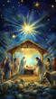© AK528 - Christmas, birth baby Jesus celebrate, Mary watch over him in manger surround, people,  bright star shine over Bethlehem, marke begin new chapter in religion, digital watercolor, soft monotone.