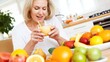 © Natchanok - Healthy Woman Enjoying Fresh Smoothie Surrounded by Vibrant Fruits
