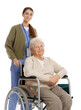 © New Africa - Caregiver assisting senior woman in wheelchair on white background. Home health care service