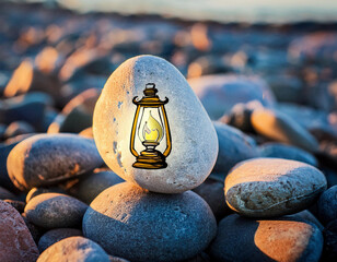 Wall Mural - A beach stone painted with a vintage Kerosene lamp design sits among beach pebbles at sunset.