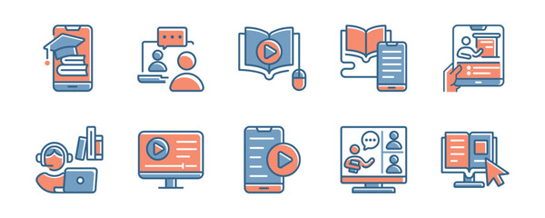 Aufkleber - collection of online education course icon set study book video learning conference seminar workshop lesson media signs vector illustration for web and app