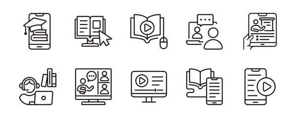 Aufkleber - online video course icon set education tutorial study book digital learning seminar conference signs vector line illustration