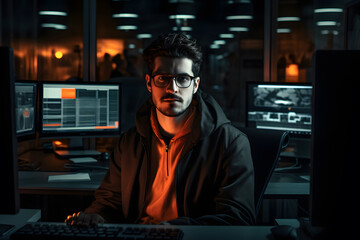 Male programmer writing program code sitting at the workplace in the office. Programmer IT professional admin sits at laptop computer.