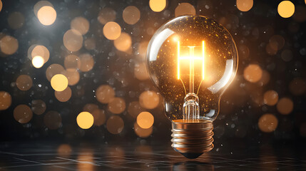 Wall Mural - Elegant light bulb glowing with warm bokeh lights in the background, perfect for creative design