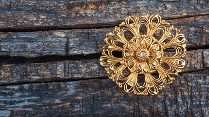 Wall Mural - Ornate Gold Flower Brooch on Rustic Wooden Surface Background