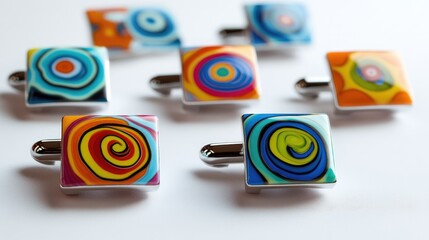 Wall Mural - Colorful Square Cufflinks with Spiraled Artwork and Vibrant Patterns