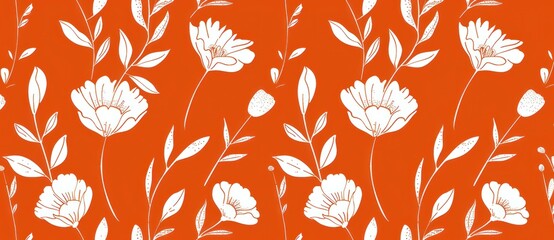 Canvas Print - Elegant floral pattern on vibrant orange background featuring white flowers and green leaves, perfect for textile design and home decor elements.