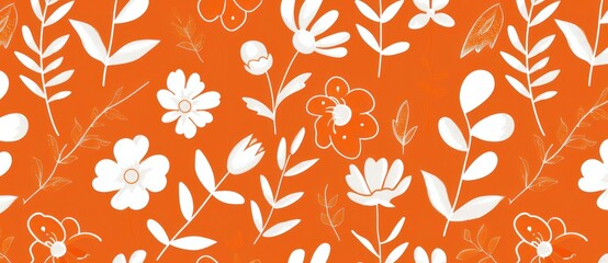 Canvas Print - Floral pattern in white on vibrant orange background, featuring diverse flowers and leaves, perfect for textiles and wallpapers. Delight in nature-inspired design.