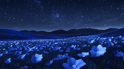 Wall Mural - Nighttime field of blue flowers under starry sky. serene landscape featuring a field of luminous blue flowers glowing under a star-filled night sky. Luminous. Illustration