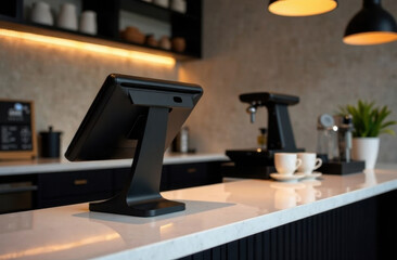minimalistic coffee shop register, black pos system on a clean white countertop, soft ambient lighti