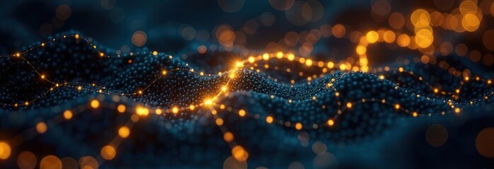 technological backdrop, innovations and science. banner composition of interconnected holographic energetic yellow lines and shapes, forming abstract web on dark background