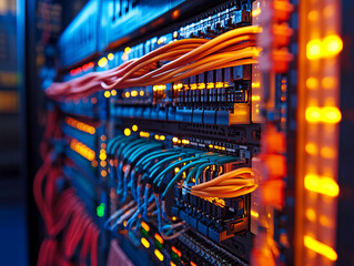 Wall Mural - modern electrical enclosure with neatly aligned cables and vibrant lights