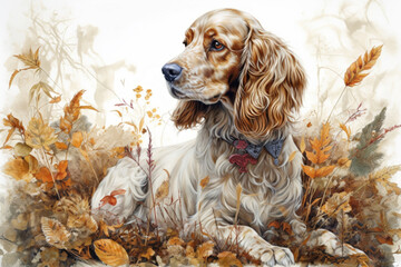 Wall Mural - spaniel among autumn grass., watercolor style,  