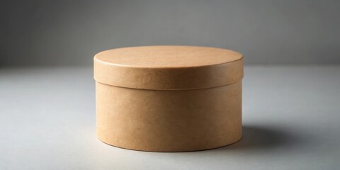 Aufkleber - A single, unadorned, cylindrical cardboard box with a subtle brown hue, resting on a plain gray surface, providing a blank canvas for creative visualization.