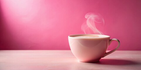 Canvas Print - A steaming cup of coffee on a light pink wooden table in front of a soft pink wall.