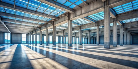 Poster - Sunlight Streaks Through the Empty Interior of a Large Concrete Building With a Glass Roof
