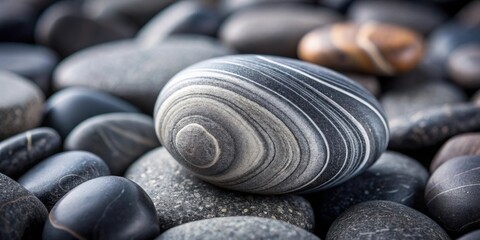 Aufkleber - A smooth, gray, and white striped stone sits atop a pile of other round, gray stones, with a unique and detailed texture
