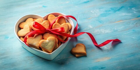 Poster - Heart-Shaped Cookies Tied with a Red Ribbon in a Heart-Shaped Dish on a Blue Wooden Background