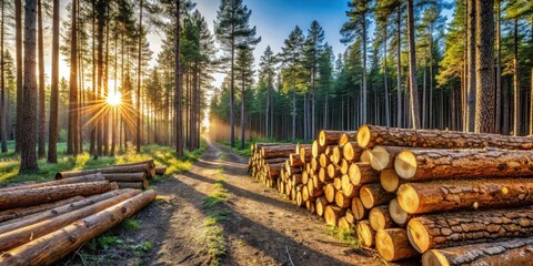 Poster - A sunlit forest path leading through tall pine trees, revealing a stack of freshly cut logs bathed in warm golden light.