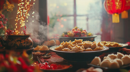 Wall Mural - Traditional Asian festival with steaming dumplings and colorful decorations displayed indoors