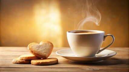 Canvas Print - A steaming cup of coffee on a wooden table with heart-shaped cookies, creating a warm and inviting ambiance.