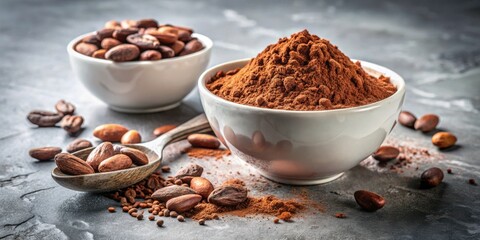 Sticker - A bowl of rich cocoa powder with scattered cacao nibs and beans in a rustic setting.