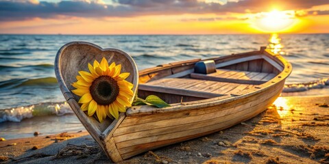 Aufkleber - A weathered wooden boat rests on a sandy shore at sunset, adorned with a vibrant sunflower that symbolizes hope and tranquility.